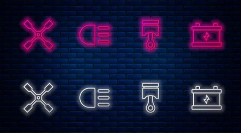 Set line High beam, Engine piston, Wheel wrench and Car battery. Glowing ne.. Stock Illustration