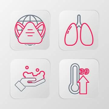Set line High human body temperature, Washing hands with soap, Lungs and Ea.. Stock Illustration