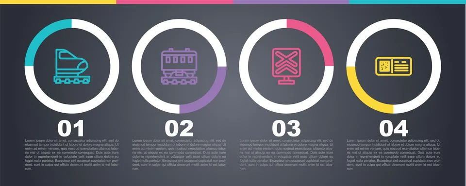 Set line High-speed train, Passenger cars, Railroad crossing and QR code ticket Stock Illustration