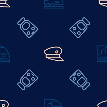 Set line High-speed train, Train and railway and driver hat on seamless pattern Stock Illustration
