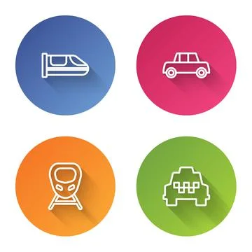 Set line High-speed train, Car, and Taxi car. Color circle button. Vector Stock Illustration