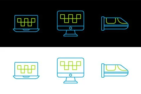 Set line High-speed train, Laptop call taxi service and Computer icon. Vector Illustrazione stock
