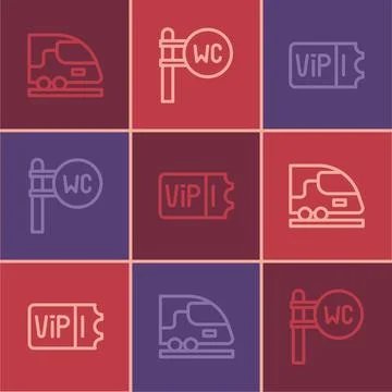 Set line High-speed train, Train ticket and Toilet icon. Vector Illustrazione stock
