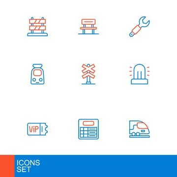 Set line High-speed train, Train station board, ticket, Flasher siren, and .. Stock Illustration
