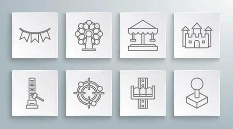 Set line High striker attraction with big hammer, Ferris wheel, Target spor.. Stock Illustration