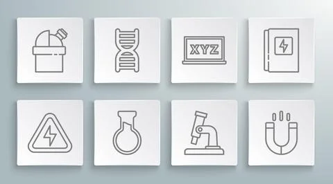 Set line High voltage, DNA symbol, Test tube and flask, Microscope, Magnet,.. Stockillustratie
