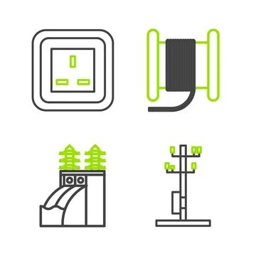 Set line High voltage power pole line, Nuclear plant, Wire electric cable on Ilustración de archivo
