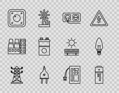 Set line High voltage power pole line, Battery, Electrical outlet, plug, li.. Stock Illustration