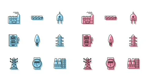 Set line High voltage power pole line, Electric meter, Coal plant and facto.. Stock Illustration