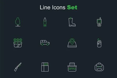 Set line Hiking backpack, Ammunition box, Open matchbox and matches, Huntin.. Stock Illustration