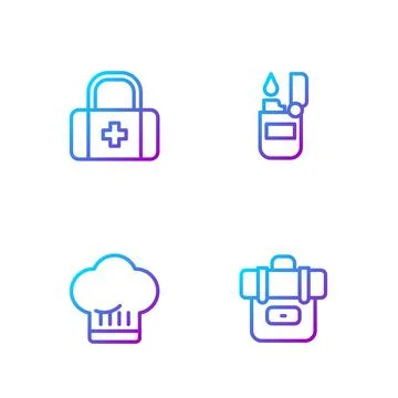 Set line Hiking backpack, Chef hat, First aid kit and Lighter. Gradient color Stock Illustration