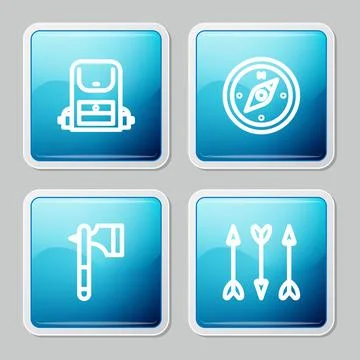 Set line Hiking backpack, Compass, Wooden axe and Hipster arrows icon. Vector Stockillustratie