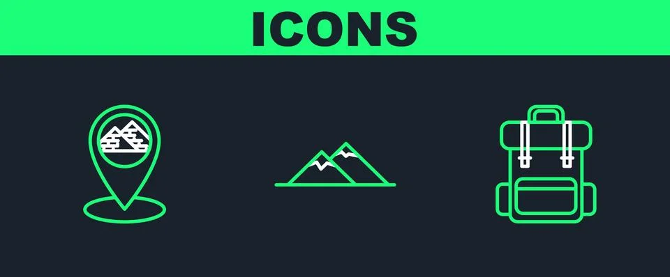 Set line Hiking backpack, Map pointer with Egypt pyramids and Mountains icon Stock Illustration