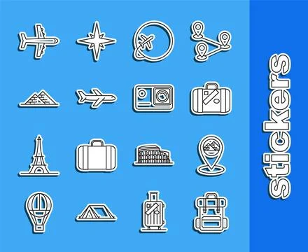 Set line Hiking backpack, Map pointer with Egypt pyramids, Suitcase for tra.. Stock Illustration