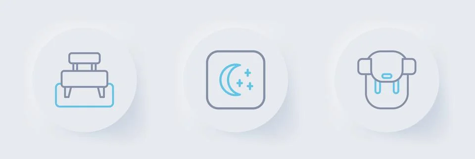 Set line Hiking backpack, Moon and stars and Bench icon. Vector Stock Illustration
