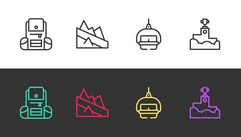 Set line Hiking backpack, Mountain descent, Ski lift and Award winner podium on Stock Illustration