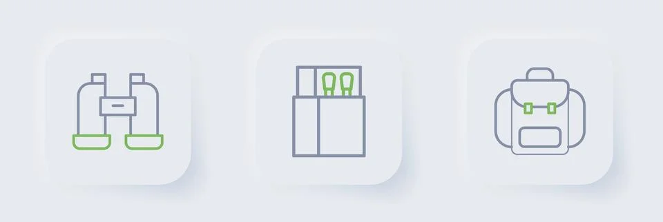 Set line Hiking backpack, Open matchbox and matches and Binoculars icon. Vect Stock Illustration
