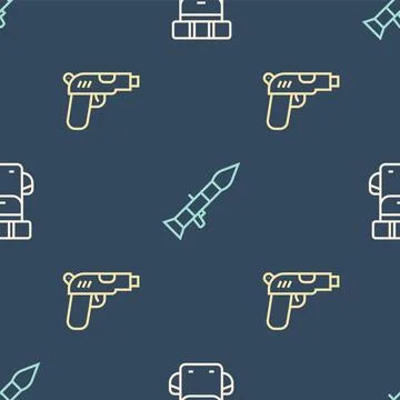 Set line Hiking backpack, Pistol or gun and Rocket launcher on seamless patte Illustrazione stock