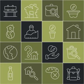 Set line Hiking backpack, Searching for food, Real estate, Work search, Gro.. Stock Illustration