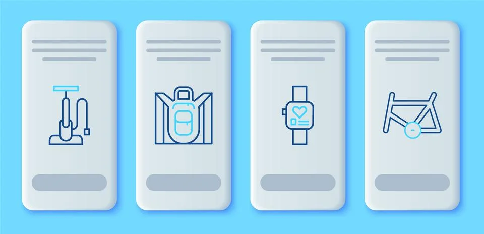 Set line Hiking backpack, Smart watch, Bicycle air pump and frame icon. Vector Stock Illustration