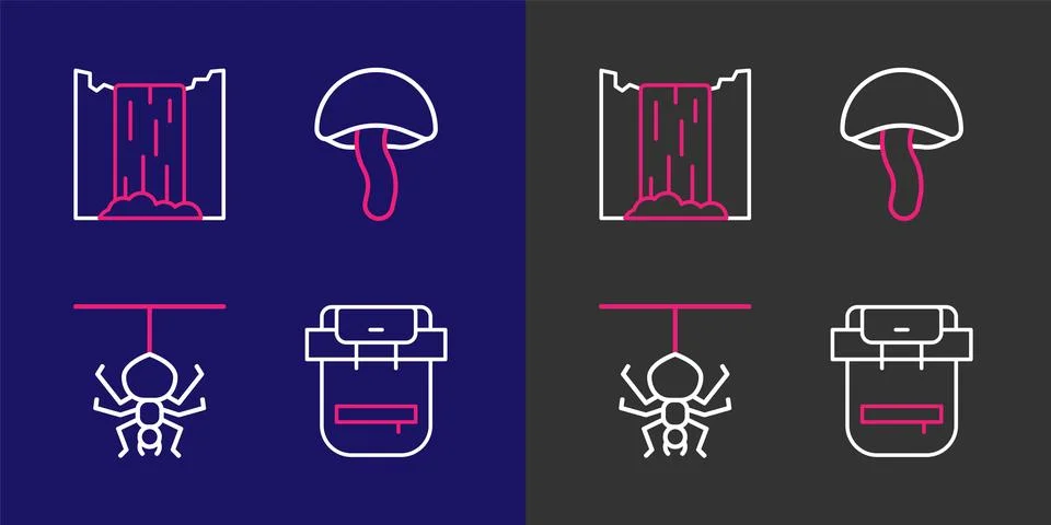 Set line Hiking backpack, Spider, Mushroom and Waterfall icon. Vector イラスト素材
