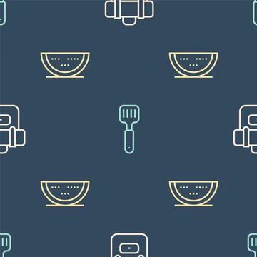 Set line Hiking backpack, Watermelon and Spatula on seamless pattern. Vector Illustrazione stock
