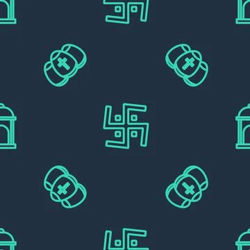 Set line Hindu swastika, Easter egg and Muslim Mosque on seamless pattern Stock Illustration