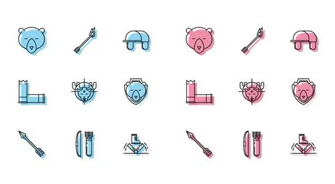 Set line Hipster arrow, Bow and in quiver, Bear head, Trap hunting, Hunt on.. Stock Illustration