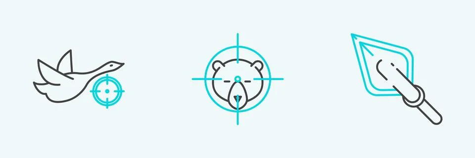 Set line Hipster arrow tip, Hunt on duck with crosshairs and bear icon. Vecto Stock Illustration
