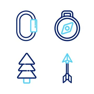 Set line Hipster arrow, Tree, Compass and Carabiner icon. Vector Illustrazione stock