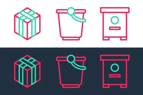 Set line Hive for bees, Bale of hay and Bucket icon. Vector 스톡 일러스트