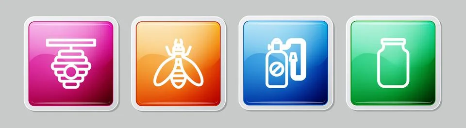 Set line Hive for bees, Bee, Pressure sprayer and Glass jar. Colorful square Stock Illustration