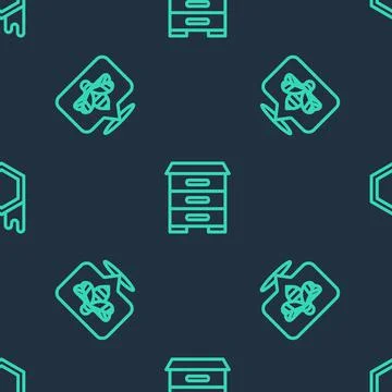 Set line Hive for bees, Bee and Honeycomb on seamless pattern. Vector Illustrazione stock