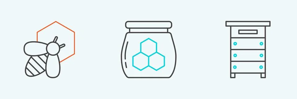 Set line Hive for bees, Bee and honeycomb and Jar of icon. Vector Stock Illustration