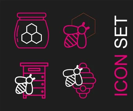 Set line Hive for bees, Bee and honeycomb and Jar of icon. Vector Stock Illustration