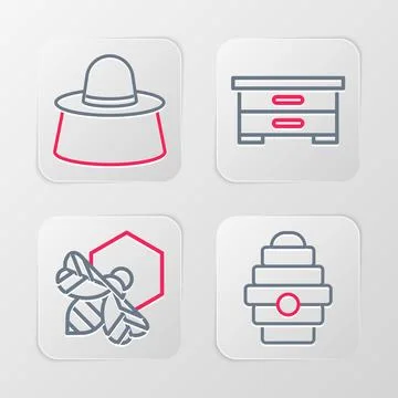 Set line Hive for bees, Bee and honeycomb,  and Beekeeper with protect hat .. Stock Illustration