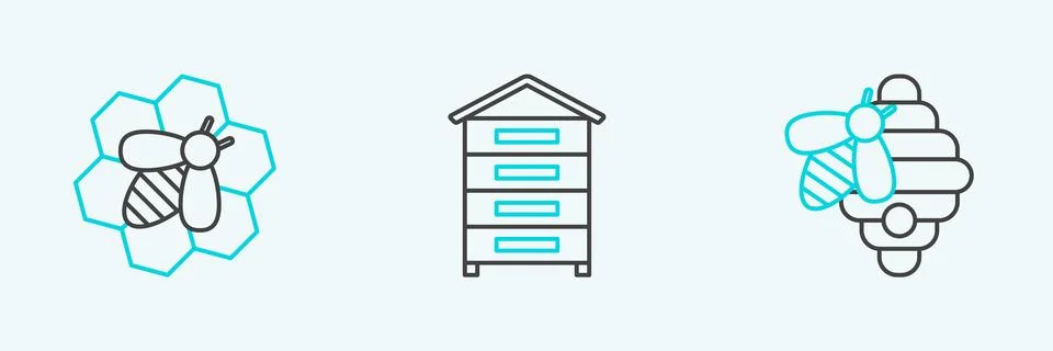 Set line Hive for bees, Bee and honeycomb and  icon. Vector Stock Illustration