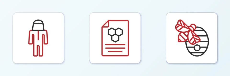 Set line Hive for bees, Beekeeper with protect hat and Honeycomb icon. Vector Stock Illustration