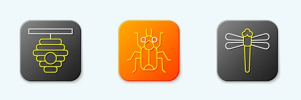 Set line Hive for bees, Beetle bug and Dragonfly icon. Vector イラスト素材