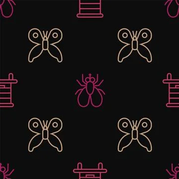Set line Hive for bees, Butterfly and Insect on seamless pattern. Vector Stock Illustration