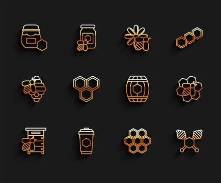 Set line Hive for bees, Cup of tea with honey, Jar, Honeycomb, dipper stick.. Stock Illustration