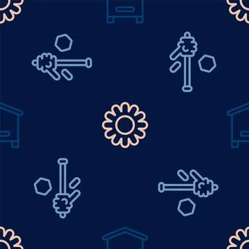 Set line Hive for bees, Honey dipper stick and Flower on seamless pattern Stock Illustration
