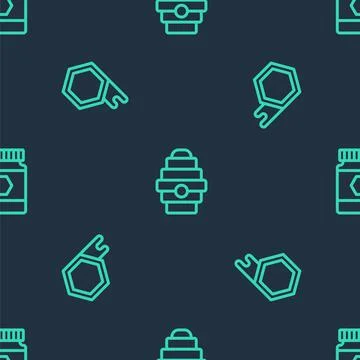 Set line Hive for bees, Honeycomb and Jar of honey on seamless pattern. Vector Stock Illustration