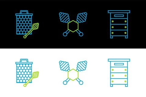 Set line Hive for bees, Honeycomb with honey dipper stickicon and  icon. Vect Stock Illustration