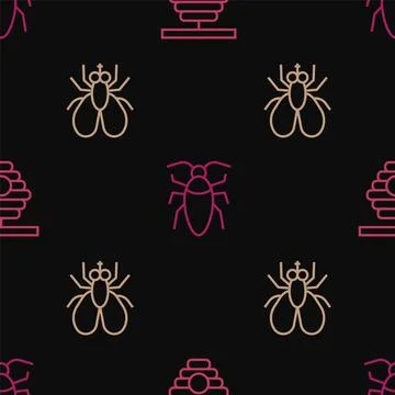 Set line Hive for bees, Insect fly and Cockroach on seamless pattern. Vector Illustrazione stock