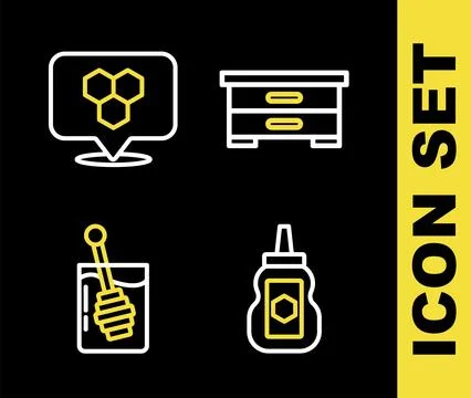 Set line Hive for bees, Jar of honey, Honey dipper stick and Honeycomb location Stock Illustration