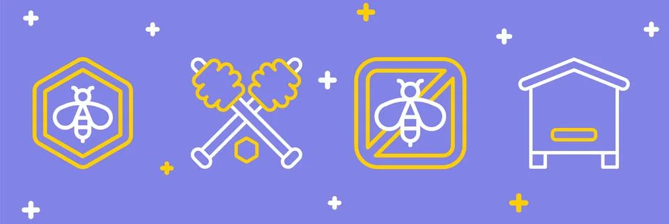 Set line Hive for bees, Stop, Honey dipper stick and Bee and honeycomb icon.. Stock Illustration