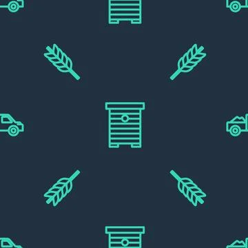 Set line Hive for bees, Wheat and Pickup truck on seamless pattern. Vector Stock Illustration