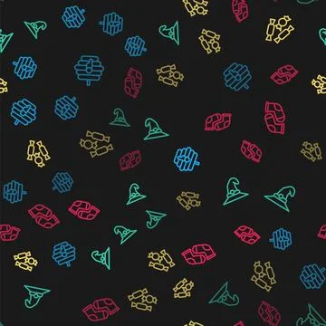 Set line Hive for bees, Witch hat, Candy and Socks on seamless pattern. Vector Stock Illustration