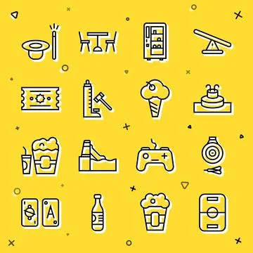 Set line Hockey table, Classic dart board and arrow, Fountain, Vending machine Stock Illustration